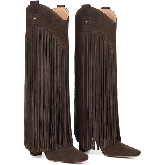 Shoes - Women's Brown Suede Knee High Fringe Boots Chunky Heel Tall Shoes Pull-On